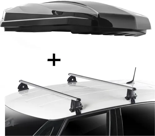 DACHBOX STRIKE 440 Liter schwarz hochglanz + Dachträger VDP EVO ALU kompatibel mit für VW Golf V Plus (1K) 5 Türer 2005-2014