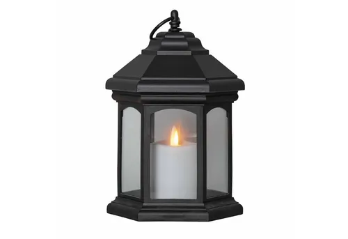 STAR TRADING LED Laterne Linta, Ein-/Ausschalter, LED, gelb, schwarz mit LED Kerze Außen 6/18h Timer Flammensimulation