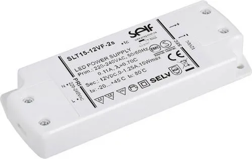 Self Electronics SLT15-12VF-2S LED-Trafo 15 W - Zuverlässiger LED-Treiber mit Kunststoffgehäuse, ideal für die Montage auf entflammbaren Oberflächen. Maximale Leistung von 15 W, konform mit Energieeffizienzklasse.