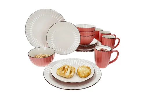 OSITA Rose 16tlg Kombiservice Steingut für 4 Personen - Elegantes 16-teiliges Kombiservice in Rosé und Creme, ideal für stilvolle Tischgestaltung. Robust und spülmaschinengeeignet, perfekt für jeden Anlass.