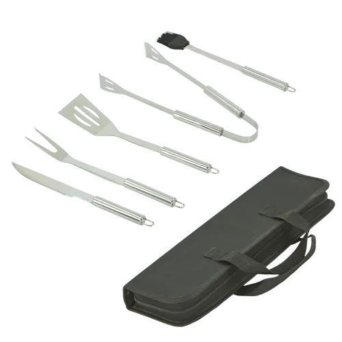 5x Grillbesteck Set Edelstahl -Tragetasche, Wender, Zange, Gabel, Pinsel, Messer
