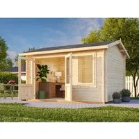 Gartenhaus Holz 28mm IRIS 380x296cm - Doppeltür Blockhaus - Gartenhaus aus robustem Holz mit 28mm Wandstärke. Ideal für Geräte und Gartenmöbel, bietet viel Stauraum und eine einladende Doppeltür.