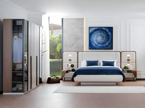 Luxus Schlafzimmer Garnitur 4tlg. in Weiß mit Nachttischen und Schrank - Elegantes 4-teiliges Set für Ihr Schlafzimmer: Bett mit Bettkasten, Nachttische und Schrank. Modernes Design aus Holzfurnier und MDF, ideal für stilvolle Wohnräume.