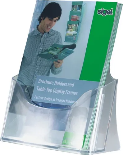 SIGEL LH112 Tisch-Prospekthalter DIN A5 - 4er Pack aus hochwertigem Acryl - Büro Aufbewahrung & Organisation – Der glasklare Prospekthalter bietet eine elegante Präsentation und schützt Ihre Flyer vor Vergilbung mit 25 Jahren Herstellergarantie.