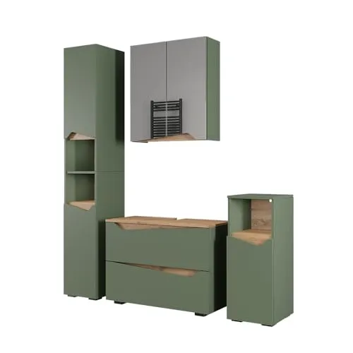 Vicco Badmöbel-Set Marelle, Grün/Artisan, 4 Teile - Modernes Badmöbel-Set für stilvolle Badezimmergestaltung mit grifflosen Fronten und viel Stauraum. Ideal für eine funktionale Oase in Ihrem Zuhause.