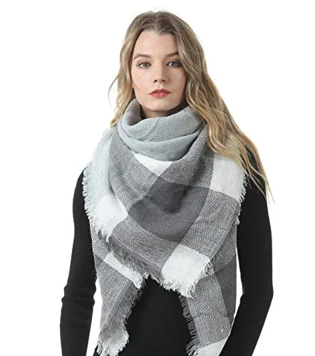 MAKFORT Schal Damen Herbst Winter Oversize Halstuch Damen Kariert Deckenschal Mit Fransen XXL Schals Damen Rosa Grau Blau 140 * 140CM