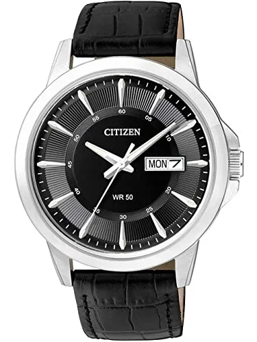 Citizen Herren Analog Quarz Uhr BF2011-01EE, Schwarz - Armbanduhren für Herren mit 41mm Edelstahl-Gehäuse, elegantem Lederarmband und umweltfreundlicher digitaler Anleitung per QR-Code.
