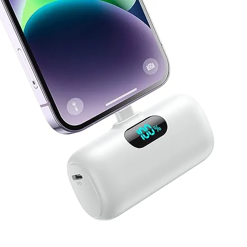 Mini Power Bank 5000mAh für iPhone - Schnelles Aufladen mit 15W PD - Externer Handyakku, ideal für iPhones mit 15W PD Schnellladung und kompakt für unterwegs. LCD-Display zeigt den aktuellen Ladezustand an.