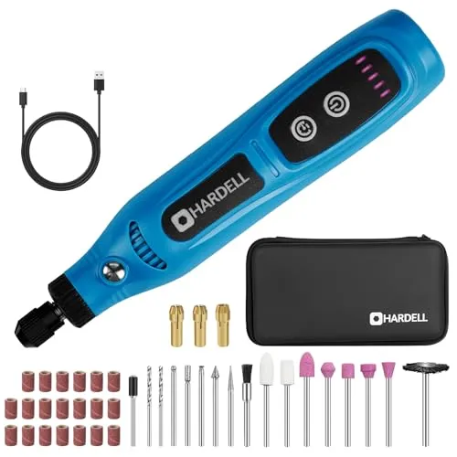 HARDELL 3,7-V-Mini-Akkuschleifgerät mit 43 Zubehörteilen, 5-stufiges Rotationswerkzeug-Set, Typ-C-Aufladung, für Gravieren, Schleifen, Polieren, Bohren, Fräsen und kleine DIY-Bastelarbeiten (Blau)