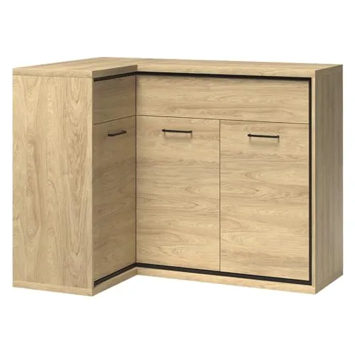 Lomadox Eckkommode Sideboard - Brauner Wohnzimmerschrank mit Softclose-Funktion - Moderne Eckkommode in Eiche Hickory Design, ideal für stilvolle Aufbewahrung mit 3 Türen und 2 Schubladen. Hochwertige Verarbeitung und Softclose-Funktion für extra Komfort.