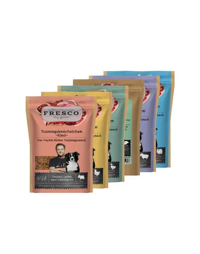 Fresco Dog Martin Rütter Trainingsknöchelchen PROBIERPAKET, 6x150g - Leckere, getreidefreie Snacks für Hunde in 6 Varianten. Hoher Fleischanteil sorgt für unwiderstehlichen Geschmack. Ideal als Belohnung und für alle Rassegrößen geeignet.