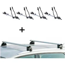 4x Fahrradträger SAGITTAR + Relingträger CRV120A für Toyota Rav4 II (00-06) - Praktisches Set mit 4 Fahrradträgern und Relingträger für Toyota Rav4 II (00-06). Sicherer Transport bis zu 4 Fahrräder, einfache Montage und maximale Zuladung von 15 kg. Ideal für alle Fahrradtypen.