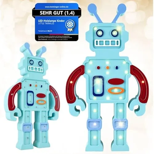 Kinder Nachtlicht aus Kiefernholz – Dimmbar, Timer, Warmes & Angenehmes Licht – Kinderzimmer Deko-Lampe, Leselampe & Schlummerlicht, Roboter