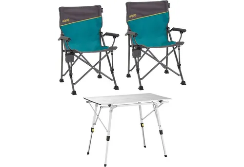 UQUIP Campingmöbel-Set BLOODY Roxy petrol/grau - Camping-Möbel-Set mit wetterfestem Aluminium Rolltisch Variety M und stabilen Faltstuhl Bloody Roxy, ideal für Camping, Festivals und Garten. Hohe Traglast und praktischer Getränkehalter machen es zum perfekten Begleiter.