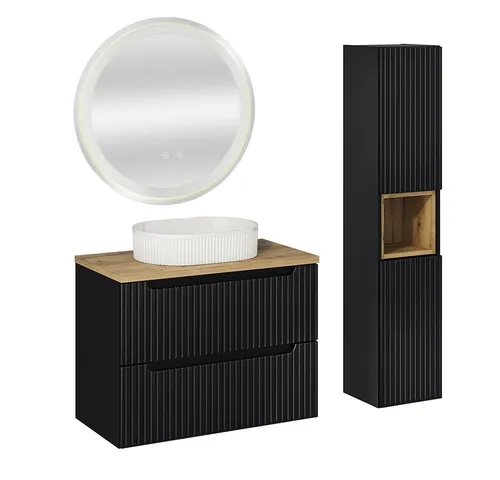 Lomadox Badmöbel-Set NEWPORT-56-BLACK, (Spar-Set, 3-St., Waschtisch Hochschrank), mit 80 cm Waschtisch, schwarz mit Eiche, gerillte Front