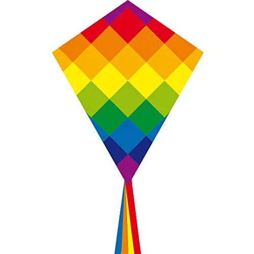 HQ Ecoline Eddy 70cm Kinderdrachen Flugdrachen Einleiner zum steigen Lassen, wenig Wind ab 5 Jahre, 58x70cm+2.5m Drachenschwanz inkl. 17kp Polyesterschnur 25m auf Griff 2-5 Bft (Rainbow Patchwork)