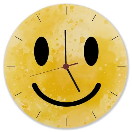 speecheese Grinsendes Emoticon gelbe Wanduhr witzige Uhr mit gelbem Strichgesicht für Gute Laune auf der Arbeit im Büro oder einfach als lustige Dekoration