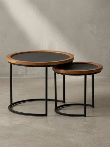 KADIMA DESIGN Couchtisch 2er Set - Moderne Couchtische aus Mango Massivholz und Steinoptik. Handgefertigte Unikate mit eleganten Metallgestellen, perfekt für stilvolle Wohnzimmer. Ideal als Set oder einzeln nutzbar.