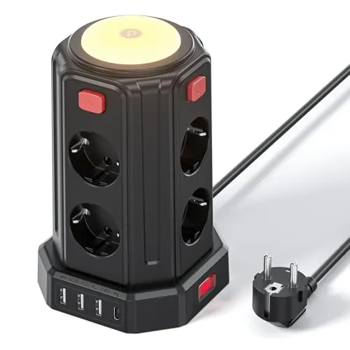 Fach Steckdosenleiste mit 4 USB und Licht, Mehrfachsteckdose Steckdosenleiste Überspannungsschutz mit 4 Einzelnen Schalter, 2M Verlängerungskabel Steckdosenturm für Zuhause Büro, 16A 8