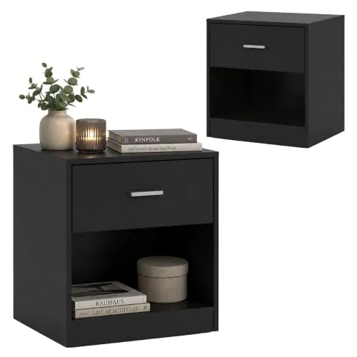 Relaxdays Nachttisch 2er Set, Schublade und offenes Fach, Schwarz