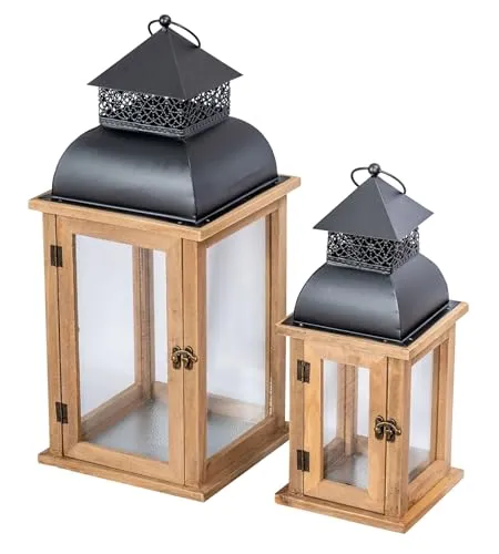 Levandeo® Kerzenlaterne 2er Set - Braun Holz Metall - Kerzenhalter Windlicht für stilvolle Gartendeko, robustes Design aus Holz und Metall, ideal für stimmungsvolle Abende im Freien.