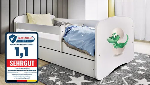 Raumhirsch Kinderbett Kleindino, 80x180 cm, Weiß - Modernes Kinderbett mit abnehmbarer Schutzschiene und geräumiger Schublade für optimale Sicherheit und Stauraum. Ideal für ein gemütliches Kinderzimmer.
