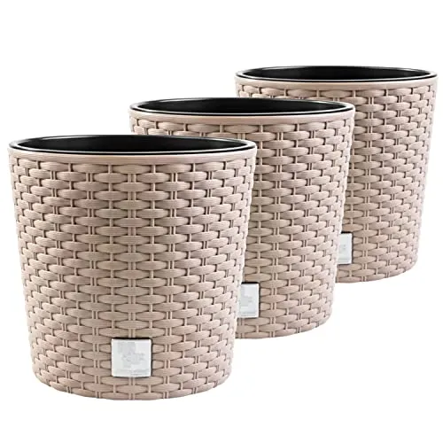 PAFEN 3X Blumentopf RATTO Rattan-Optik Kunststoff Topf Blumenkübel inkl. Einsatz Übertopf Mocca ⌀25cm