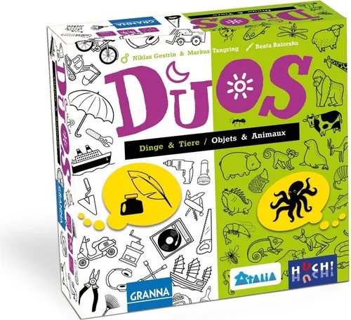 DUOS - Dinge und Tiere Partyspiel - Gesellschaftsspiel für bis zu 6 Spieler, fördert Kreativität und Kommunikation durch das Finden von Paaren und spannende Diskussionen.