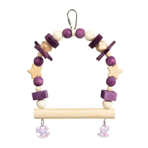 HappyBird | Lavender Perch Swing - Vogelschaukel für kleine Papageien und Sittiche | Naturholz mit lila Kugel- und Sternchendesign | ca. 15 x 19 x 5 cm