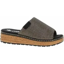 Rieker Damen Pantoletten 31476 - Bequeme Keilpantolette in Schwarz/Natur - Pantoletten mit Antistress-Ausstattung für maximalen Tragekomfort. Der 4 cm hohe Keilabsatz und die flexible Sohle machen sie ideal für den Sommer!