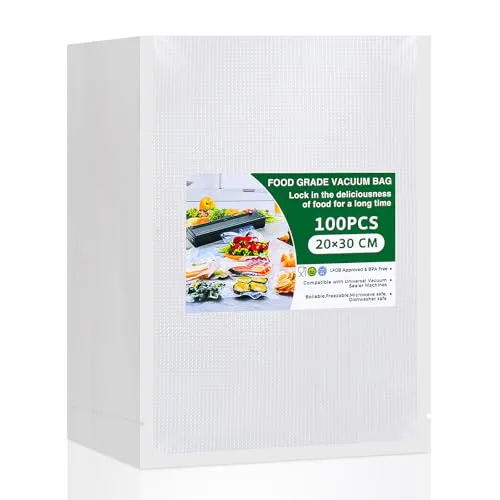 Vinabo Vakuumbeutel für Lebensmittel, 20 x 30 cm, 100 Beutel, zum Vakuumgaren und zur Aufbewahrung von Lebensmitteln, geprägte Vakuumbeutel, geeignet für alle Vakuummaschinen