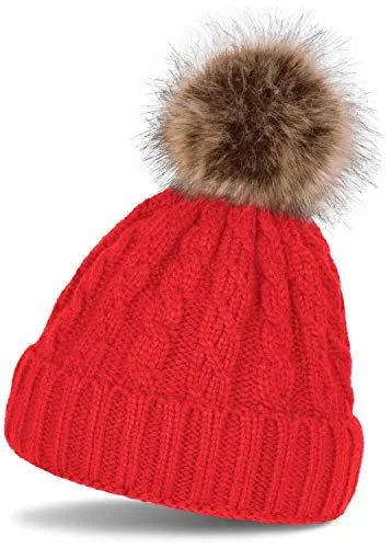 styleBREAKER Zopfmuster Bommelmütze, Strickmütze mit Fellbommel, Winter Beanie Mütze, Unisex 04024064, Farbe:Rot