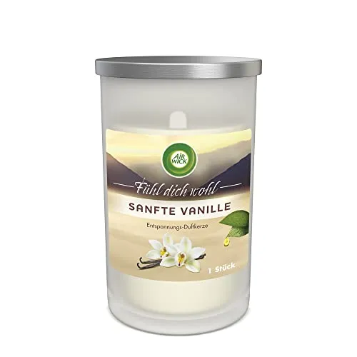 Air Wick Entspannungs-Duftkerze – Duft: Sanfte Vanille – Enthält natürliche ätherische Öle – 1 x Duftkerze in Weiß