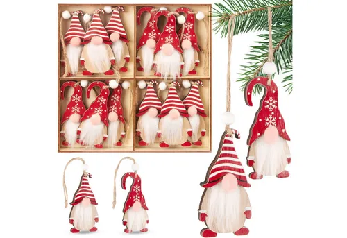 BRUBAKER Christbaumschmuck 12x Weihnachtsanhänger Wichtel - 8 cm Baumschmuck aus Holz - Gnom (12-tlg), Zwerge mit Bart und großer Nase - Holzanhänger Weihnachtsbaumschmuck