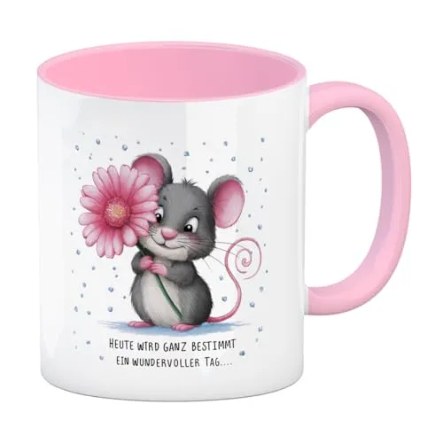 Maus mit Blume Kaffeebecher in rosa - wundervoller Tag Lustige Motiv-Tasse für Büro oder Homeoffice