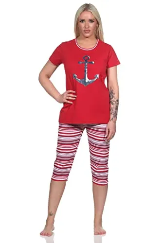 Normann Damen Capri Schlafanzug Kurzarm Pyjama mit Anker-Motiv und Ringeln - 204 755, Farbe:rot, Größe:44-46