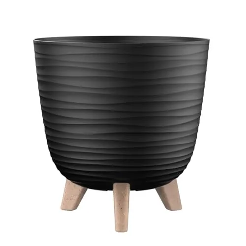 Engelland - 1 x Blumentopf mit Füßen & Bewässerungssystem, Schwarz, Ø 24 cm, Pflanzkübel, Übertopf, Wellenmuster, Innen- & Außenbereich, Drainagesystem & Wasserspeicher, rund, Kunststoff
