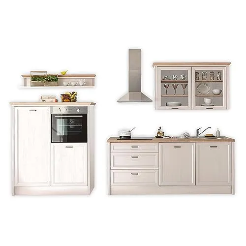 JASMIN Moderne Küchenzeile in Pinie hell und Artisan Eiche Optik - Küchenzeilen im Landhausstil mit geräumigen Aufbewahrungslösungen und flexibler Anordnung für Ihre individuelle Küchengestaltung. Maße: 344 x 228 x 60 cm (B/H/T).