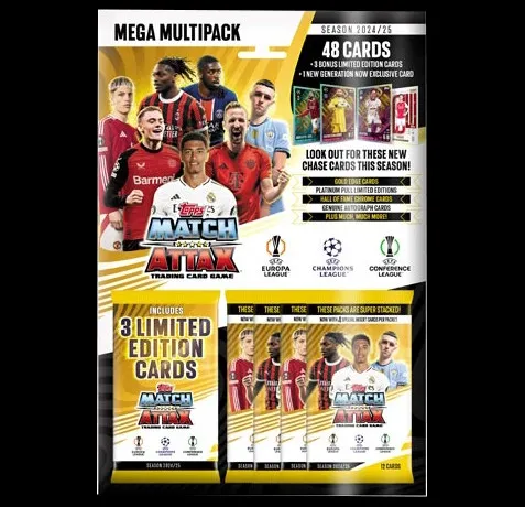 Topps Match Attax 24/25 - Mega Multipack - Fußball-Fanartikel mit 48 Karten, 3 limitierte Editionen und einer exklusiven Generation Now Karte - das ultimative Sammelerlebnis für Champions League-Fans!