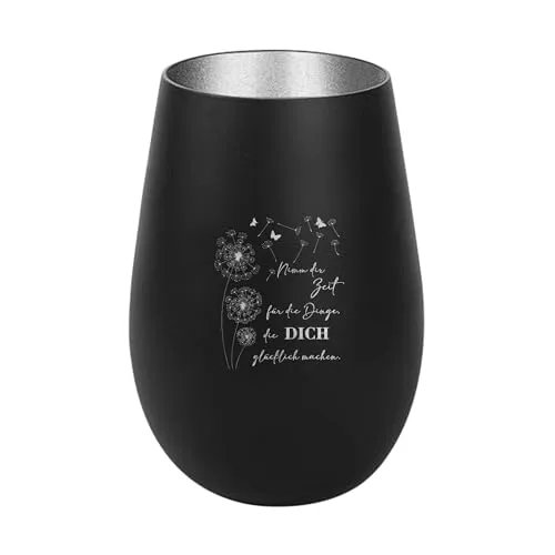 Der-Porzellan-Laden Windlicht mit Gravur Nimm dir Zeit für die Dinge, Schwarz Silber, Teelichthalter aus Glas mit Spruch, Tischdeko modern