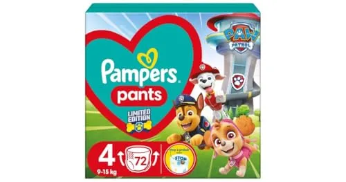 Pampers Pants Paw Patrol Größe 4 - 72 Einweg-Windelhöschen - Höschenwindeln für Kinder von 9-15 kg, mit niedlichem Paw Patrol Design, sorgen für sicheren Sitz und leichten Windelwechsel.