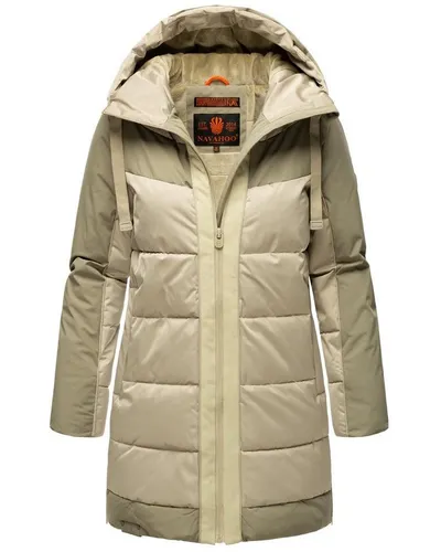 Navahoo Damen Winterjacke Lange Steppjacke mit Kapuze - Warm und Stylisch in Pebble Grey, Gr. XL - Funktionsjacke für kalte Temperaturen, wasser- und windabweisend, mit kuscheligem Fleece-Innenfutter und modischen Cord-Details.