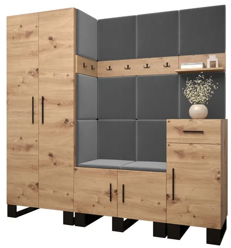 ABIKS MÖBEL Garderoben-Set ARTIN – Industriell Design mit gepolsterten Paneelen - Moderne Garderobe mit stilvollen Polsterpaneelen und funktionalen Regalen. Bietet viel Stauraum und schützt die Wand vor Beschädigungen. Einfache Selbstmontage, elegantes Design in Artisan Eiche.