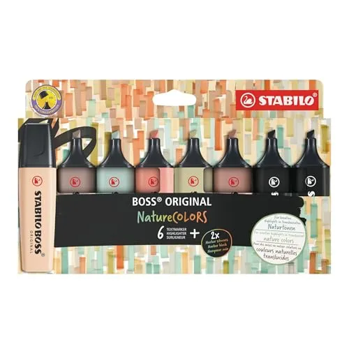 STABILO - Textmarker - BOSS ORIGINAL NatureCOLORS - 8er Pack - beige, warmgrau, grünerde, siena, schlammgrün, umbra, 2x schwarz