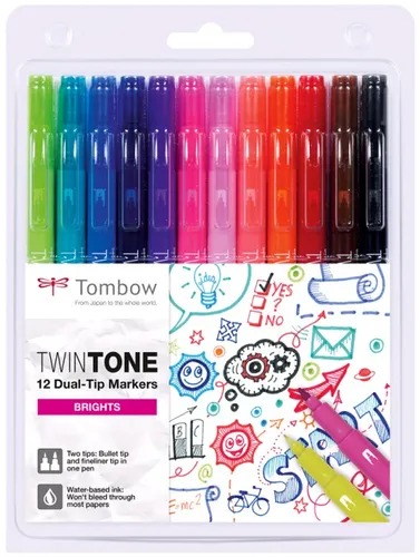 Tombow WS-PK-12P-1 Twintone Marker Set 12-Pack - Dual-Tip Fasermaler, wasserbasierte Farben für kreatives Journaling und Doodling