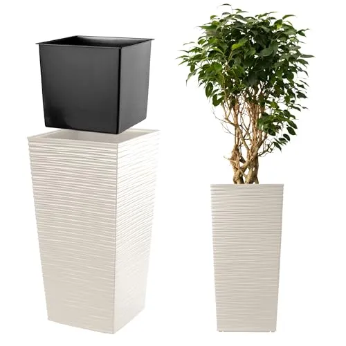 KADAX Pflanzkübel mit Innentopf, Höhe 75.5cm, Creme – Wetterfester Blumentopf für Innen & Außen, ideal für Garten, Balkon & Terrasse, zum Bepflanzen, Dekorieren und als stilvoller Übertopf