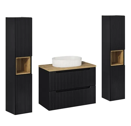 Lomadox Badmöbel-Set NEWPORT-56-BLACK, (Spar-Set, 3-St., Waschtisch Hochschrank), mit 80 cm Waschtisch, schwarz mit Eiche, gerillte Front