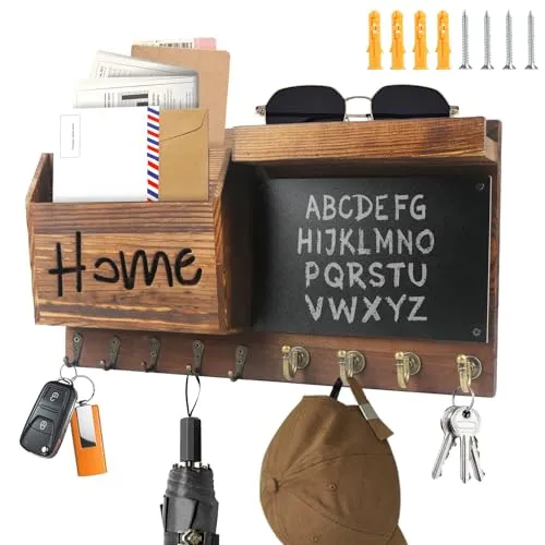 SHTALHST Schlüsselbrett Holz mit Ablage, Schlüsselbrett Groß– 40x22 cm, Schlüsselkasten Vintage mit 9 Schlüsselhaken, Briefablage, Wandgarderobe, Personalisiert, Tafel