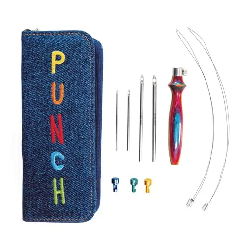 KnitPro Punch Nadeln Set - 1 Satz, Blau - Strick- & Häkelzubehör mit 4 verschiedenen Nadelgrößen für kreative (Heim)Deko-Projekte. Verstellbarer Griff für individuelle Nadellängen, inklusive einer stilvollen Jeansstoff-Tasche.