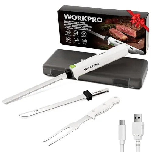 WORKPRO Elektromesser 8V, Kabelloses Küchenmesser, Weiß | 2 Edelstahlklingen, Elektrisches Messer mit Gabel, 2000 mAh Akku, Präzises Schneiden von Brot, Fleisch, mit Aufbewahrungsbox